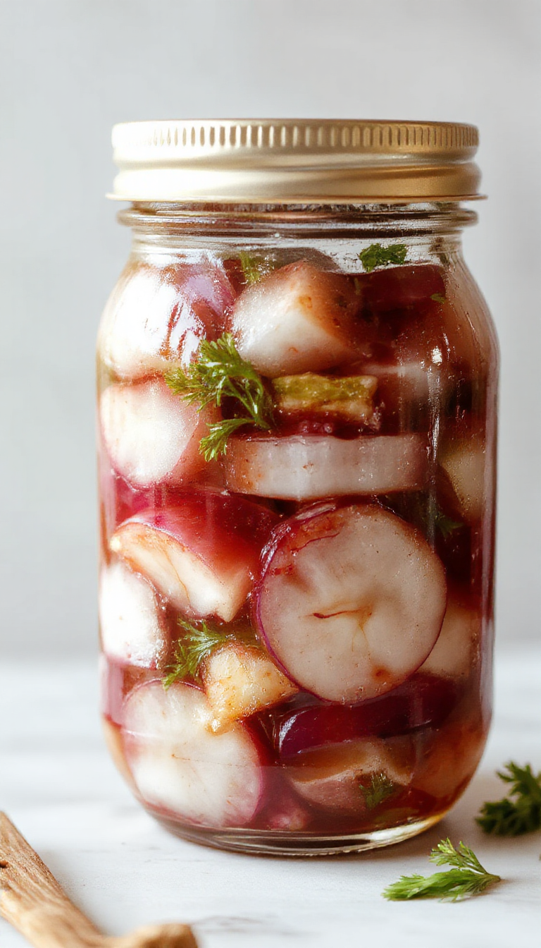 A jar of vibrant red pickled onions garnished with herbs, placed on a wooden countertop.
