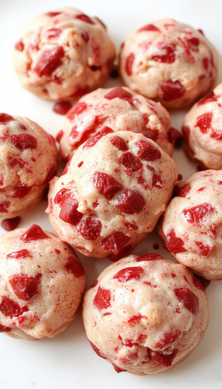 A close-up of a bowl of creamy, vibrant red velvet no-bake cookie dough garnished with chocolate chips, ready to be served.