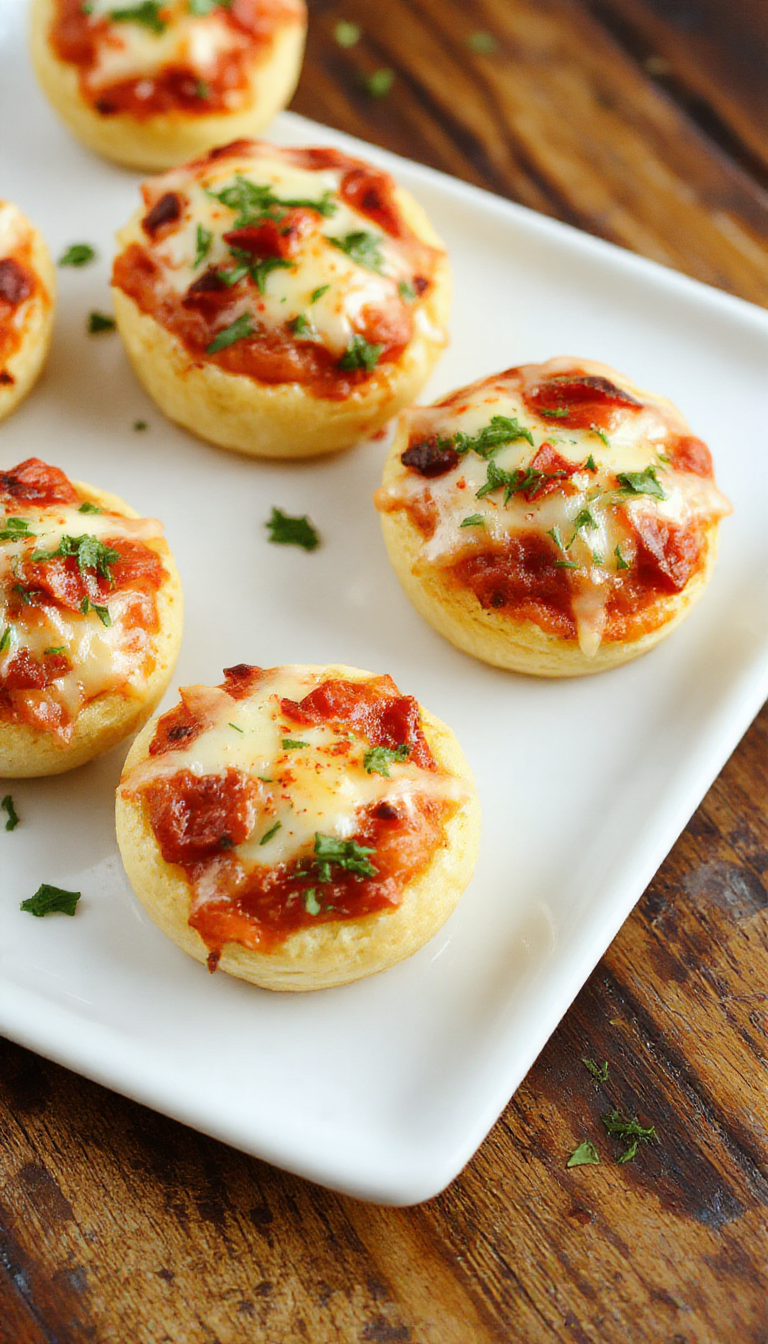 Golden-brown savory pizza bites topped with melted cheese, fresh herbs, and pepperoni, arranged on a serving platter.