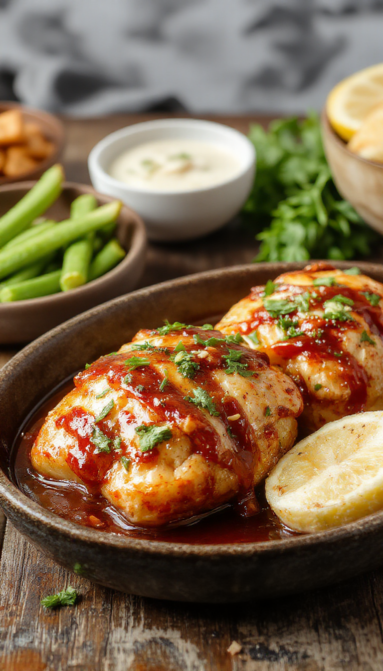 Colorful bell peppers stuffed with teriyaki chicken and vegetables, garnished with sesame seeds and green onions on a white plate.