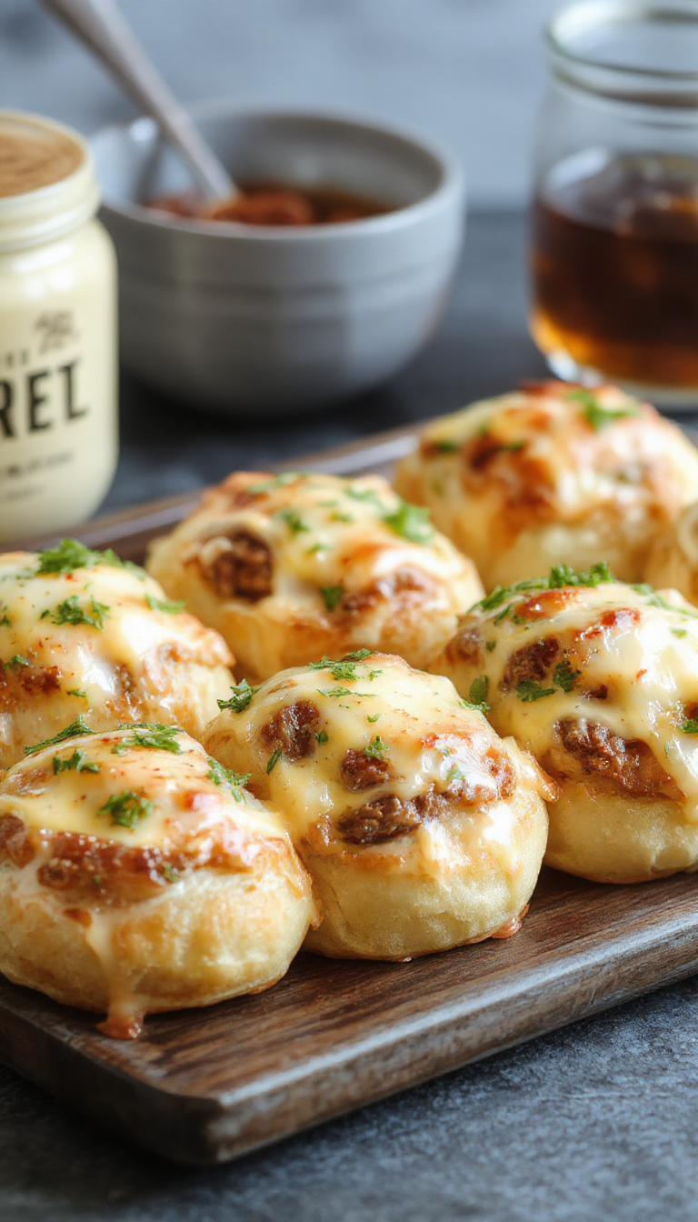 Delicious keto cheesesteak bites with tender beef, melted cheese, and crispy roll shells arranged on a wooden platter.