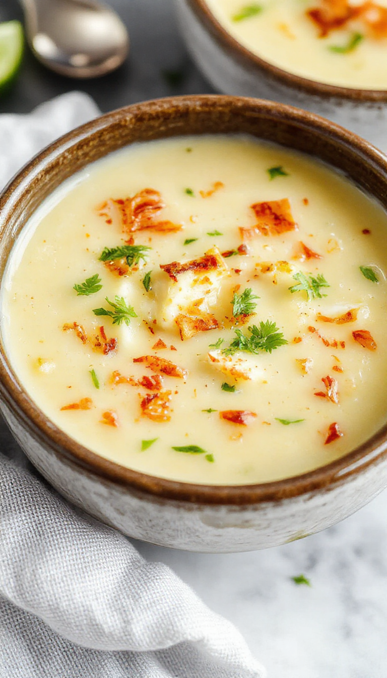 A bowl of creamy Keto Jalapeño Popper Soup topped with melted cheese and chopped jalapeños, garnished with fresh herbs.