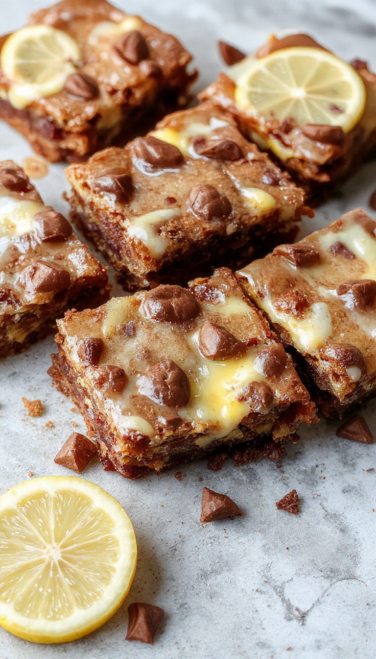 Close-up of Lemon Brownie Bliss display, showcasing golden-brown brownies topped with lemon glaze and zest, with a few slices on a plate.