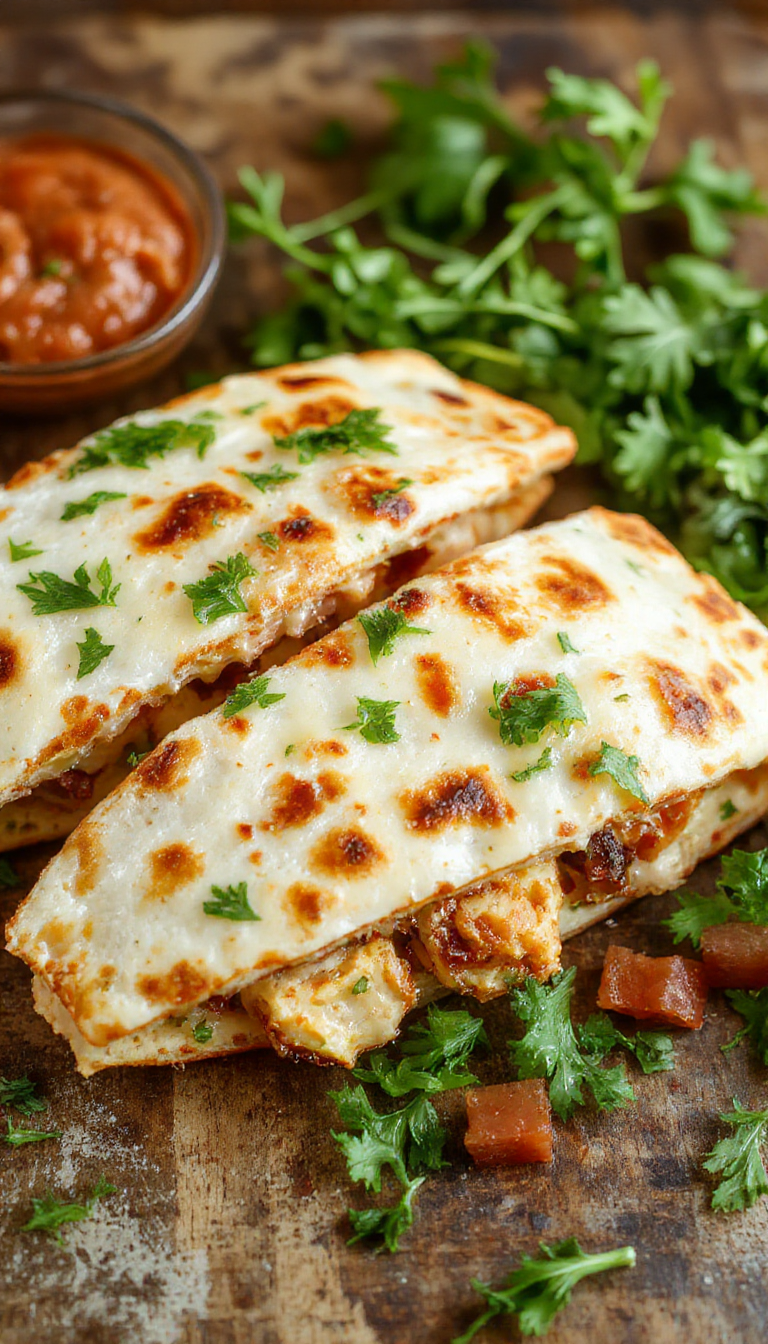 A close-up of crispy chicken bacon ranch quesadillas filled with melted cheese and topped with fresh herbs on a plate
