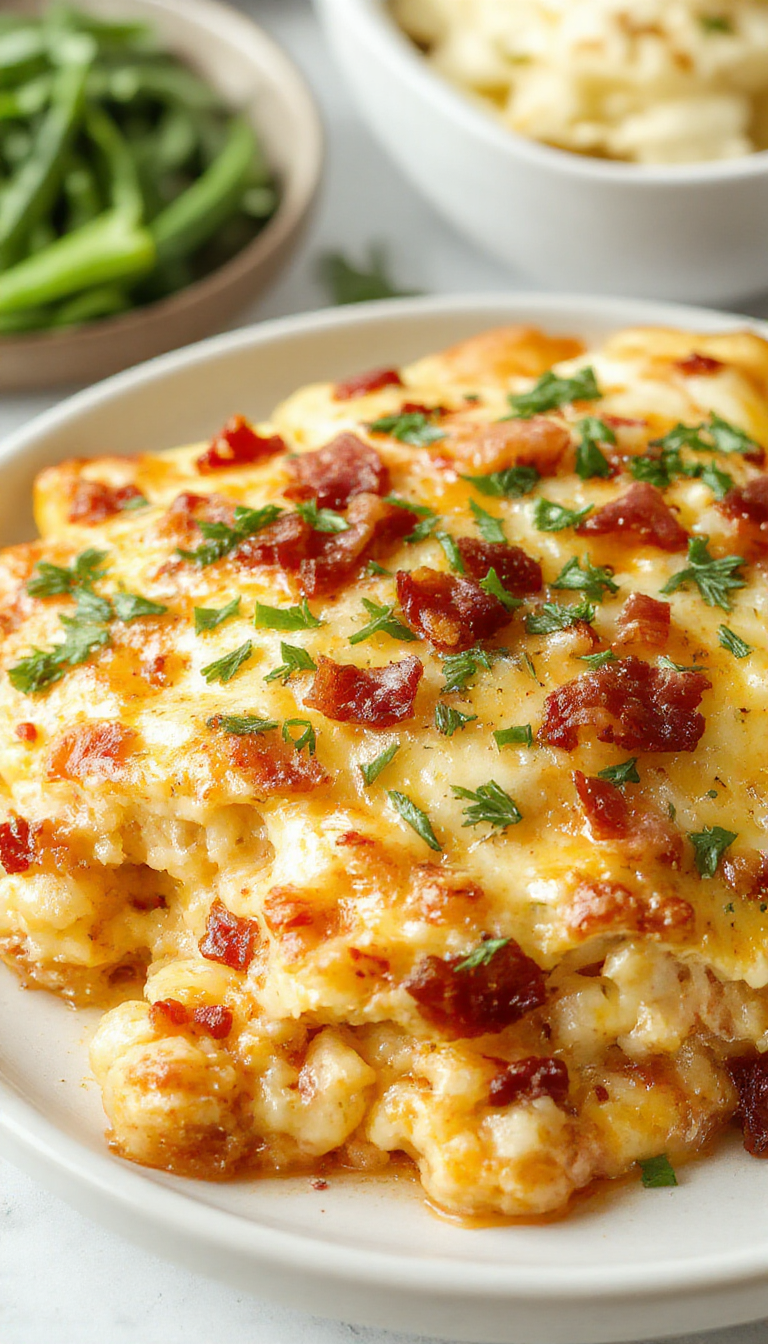 A piping hot Low-Carb Cheesy Bacon Casserole in a baking dish topped with melted cheese and crispy bacon pieces, garnished with herbs.