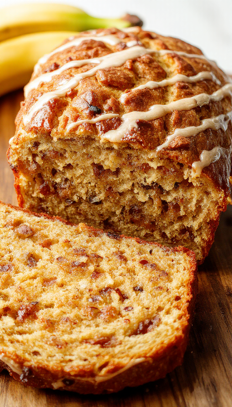 A slice of moist banana bread topped with nuts and a glass of milk on a cozy wooden plate.