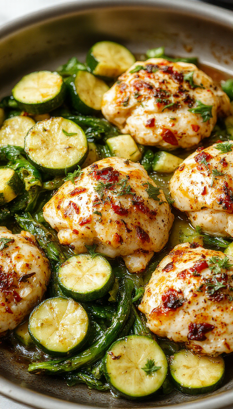 A colorful plate of Mediterranean one-pan chicken and zucchini served with fresh herbs and lemon wedges