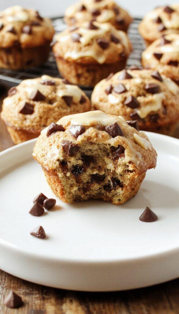 Freshly baked banana chocolate chip muffins with melted chocolate chunks, golden tops, and a soft, moist interior on a rustic wooden table.