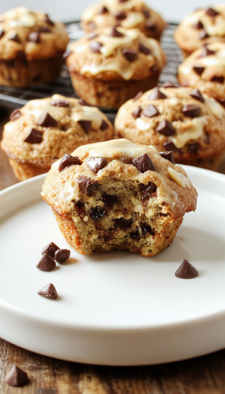 Freshly baked banana chocolate chip muffins with melted chocolate chunks, golden tops, and a soft, moist interior on a rustic wooden table.