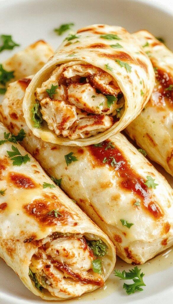 A close-up of savory chicken garlic wraps filled with tender chicken pieces, fresh greens, and garlic sauce, wrapped in soft tortillas.