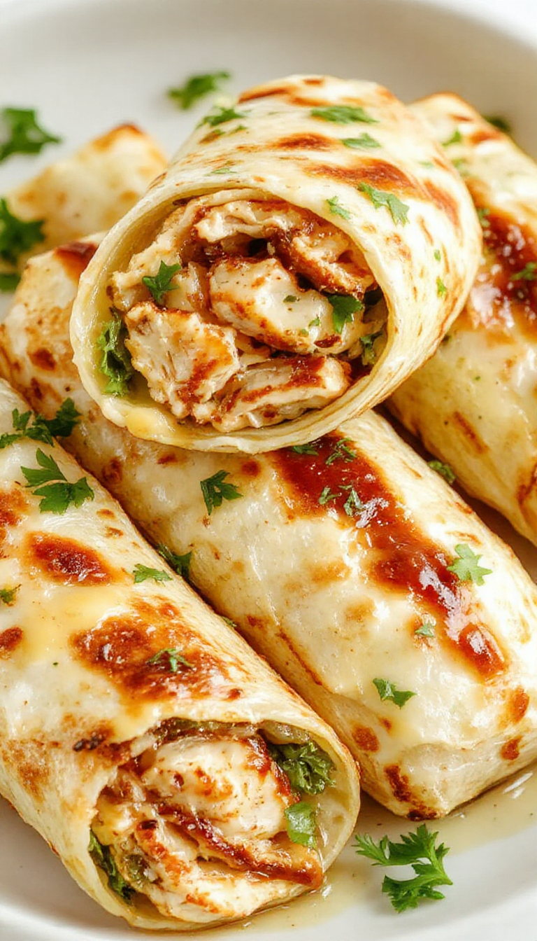 A close-up of savory chicken garlic wraps filled with tender chicken pieces, fresh greens, and garlic sauce, wrapped in soft tortillas.
