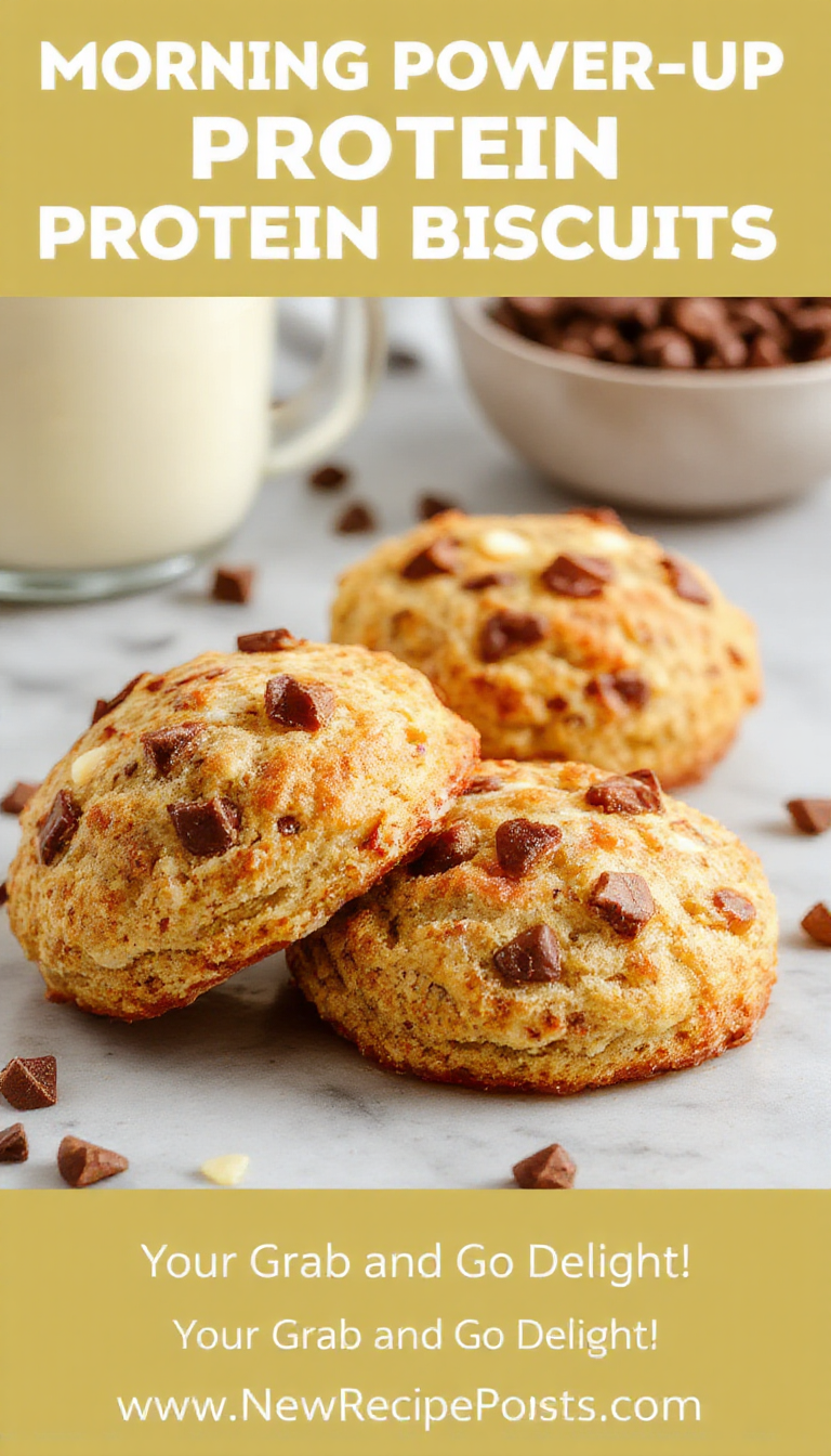 Freshly baked Morning Power-Up Protein Biscuits on a rustic wooden surface, showcasing their golden crust and inviting interior filled with protein-rich ingredients.