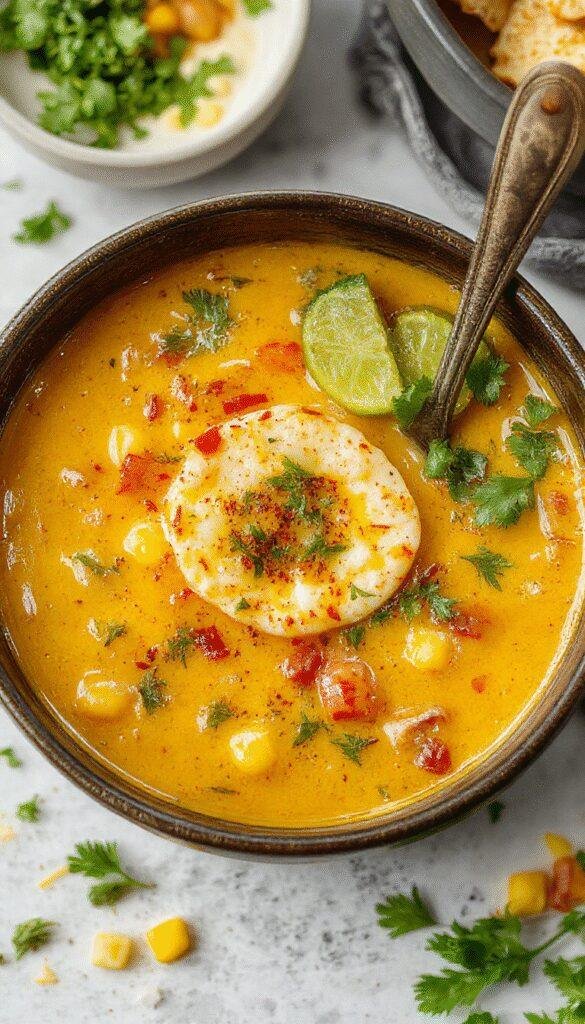 A vibrant bowl of creamy Mexican street corn soup topped with fresh herbs and cheese, garnished with lime wedges and chili powder, served in a rustic bowl.