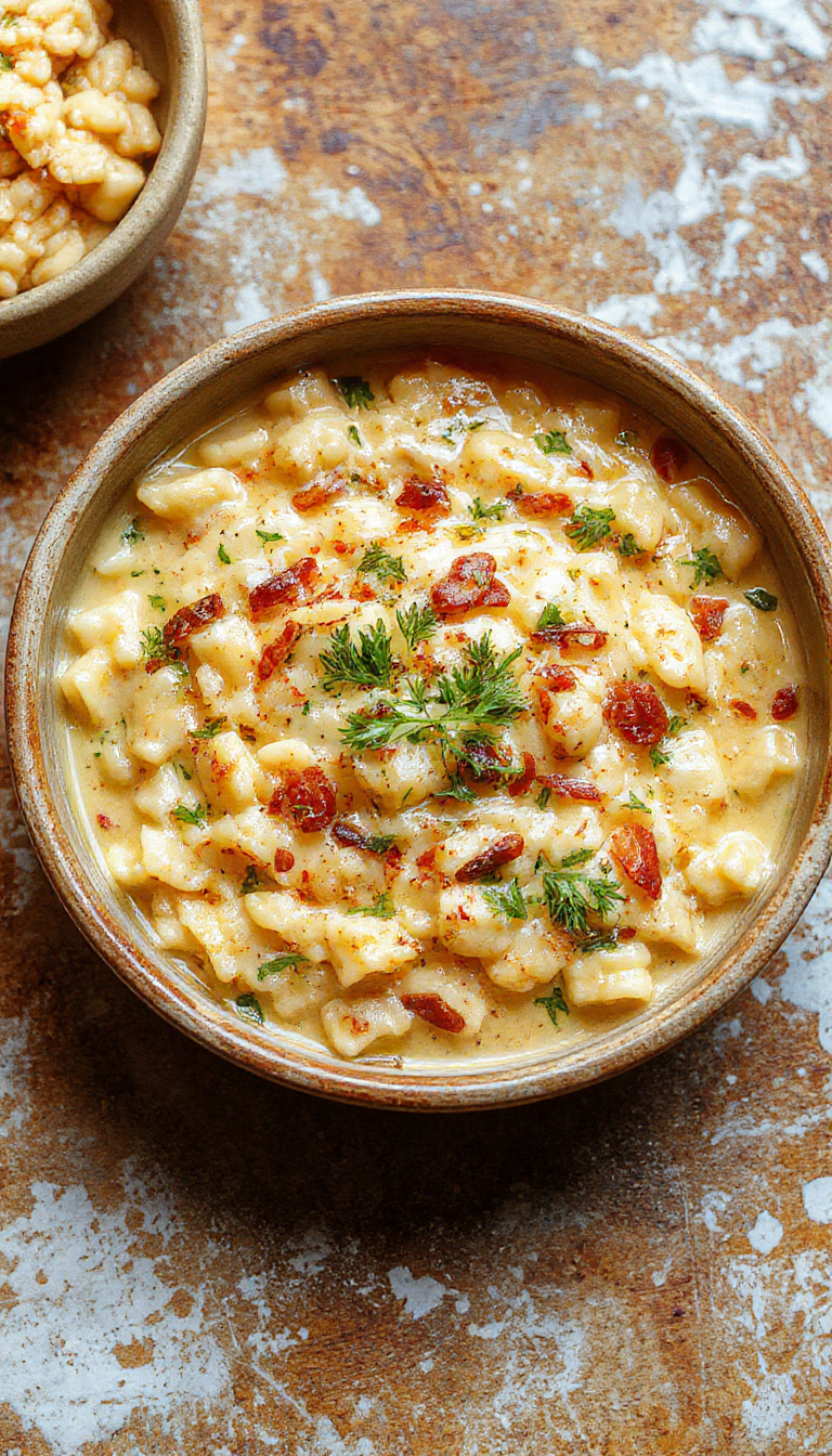 A close-up of perfectly cooked golden orzo pasta tossed with fresh herbs and vegetables on a rustic plate.