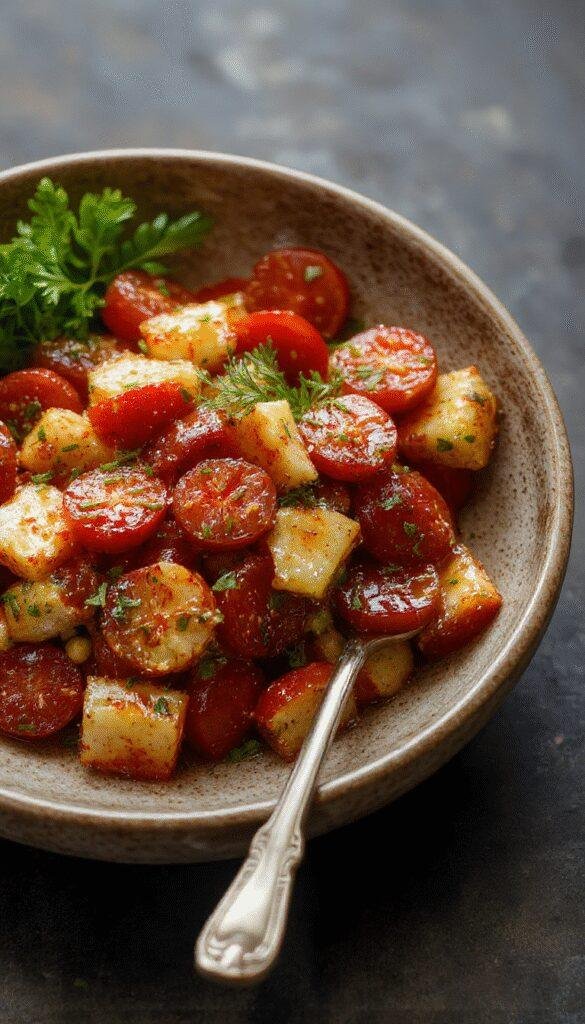 A vibrant bowl of pickled cherry tomato salad garnished with fresh herbs, showcasing bright red tomatoes and colorful vegetables.