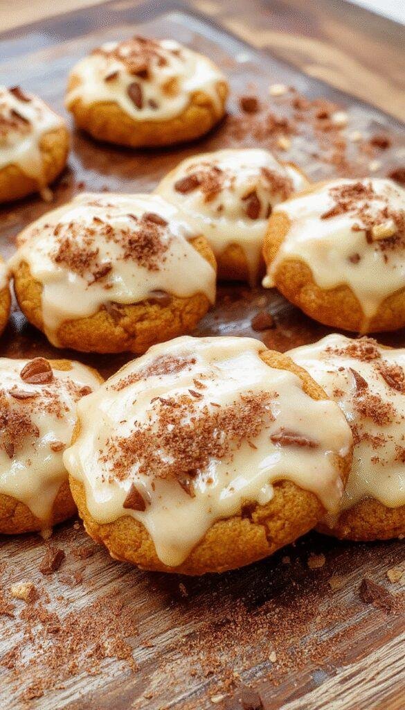 Fresh Pumpkin Spice Cookies topped with creamy cinnamon frosting, arranged on a rustic wooden surface with fall leaves nearby.