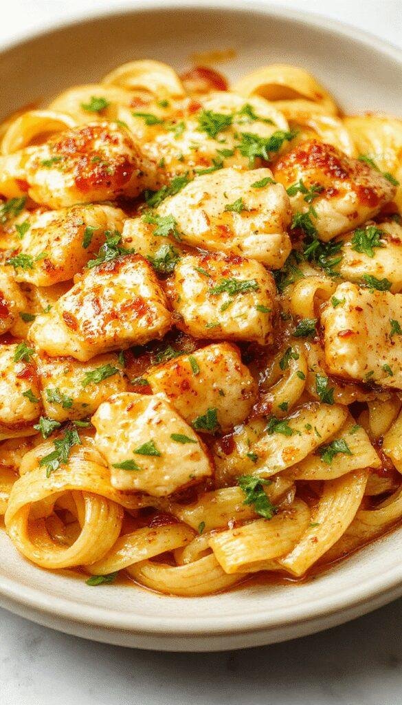 A plate of creamy Quick Honey Chicken Pasta garnished with fresh herbs, showcasing tender chicken pieces and al dente pasta coated in a glossy honey sauce.