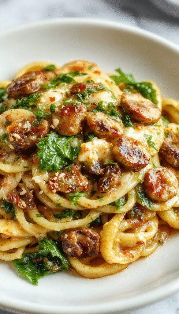 A plate of quick mushroom and spinach pasta topped with grated cheese, garnished with fresh herbs on a rustic wooden table.