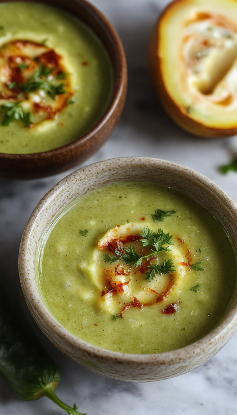 A bowl of creamy roasted poblano soup garnished with fresh cilantro and a dollop of sour cream, served with crusty bread on the side.