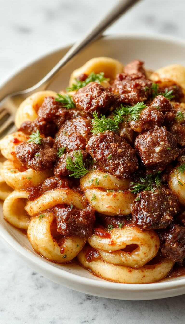 A beautifully plated Romantic Velvet Beef Rigatoni dish featuring rich tomato sauce, tender beef, and perfectly cooked rigatoni pasta garnished with fresh herbs.