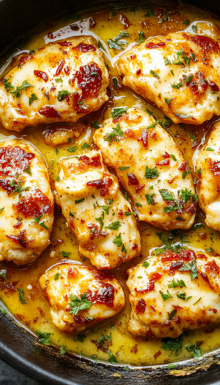 A delicious savory butter chicken skillet dinner served in a rustic pan with herbs and vegetables.