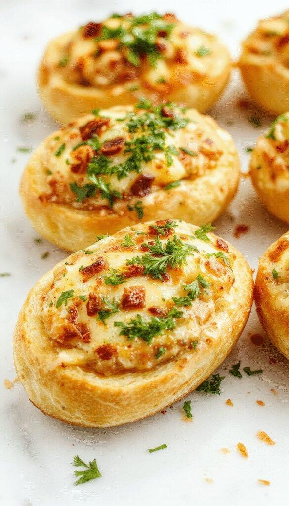 Golden garlic bread boats filled with savory ingredients like cheese, herbs, and meats, garnished with fresh parsley.