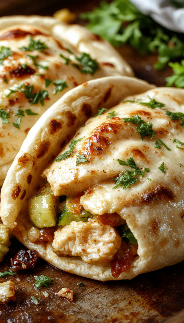 A colorful sheet pan loaded with roasted chicken, vibrant vegetables, served inside fresh pita bread with garnishes.