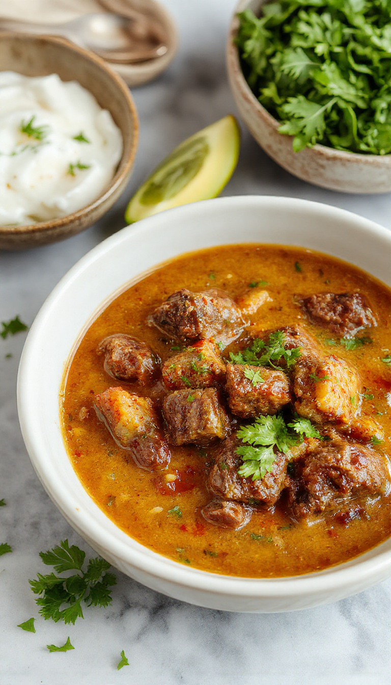 A vibrant plate of simple beef coconut curry with tender beef chunks in a rich, creamy coconut sauce, garnished with fresh herbs and served with steamed rice.