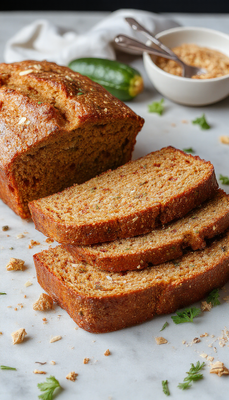 Freshly sliced simple spiced zucchini bread with a golden crust, garnished with a sprinkle of cinnamon and nutmeg.