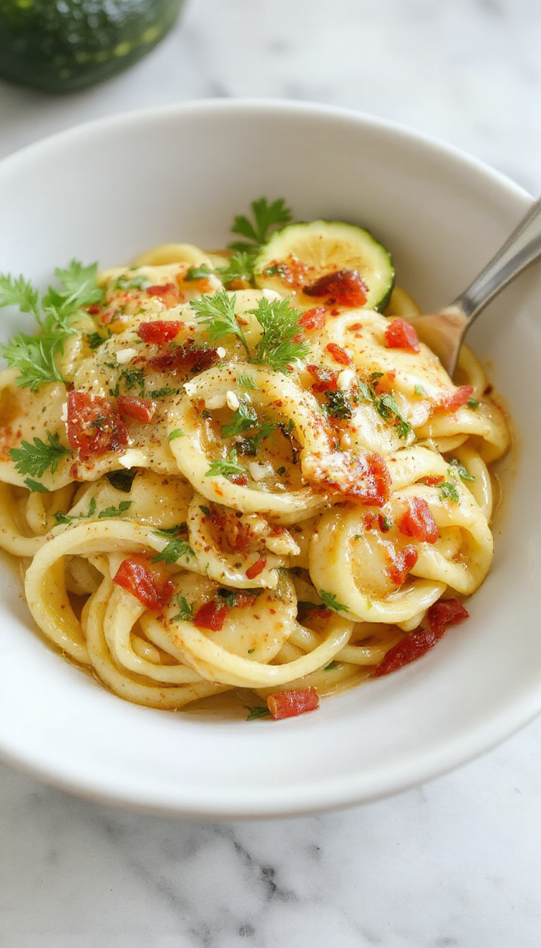 A vibrant plate of simple zucchini pasta garnished with cherry tomatoes and fresh basil, showcasing a healthy and colorful meal.