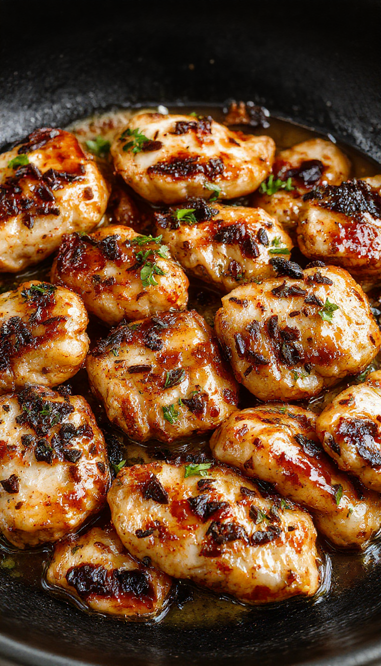 A sizzling skillet of black pepper chicken and mushrooms garnished with green herbs, steaming and flavorful.