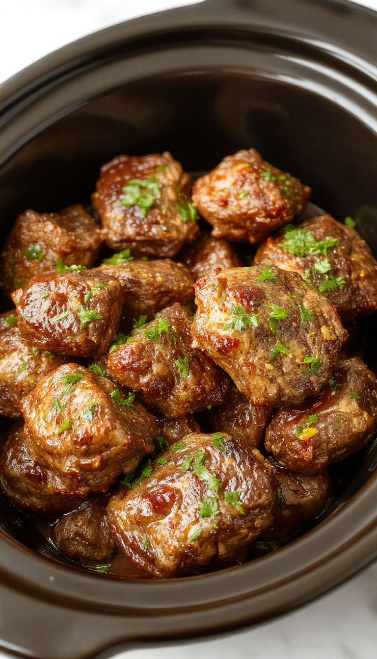 Tender slow cooker beef bites served with fresh herbs on a rustic wooden platter.