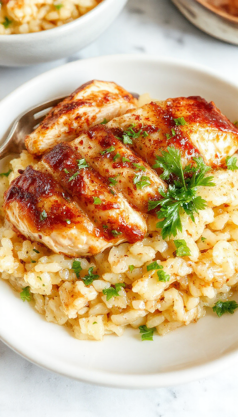 A comforting plate of slow cooker chicken and rice garnished with herbs, served in a rustic bowl on a wooden table.