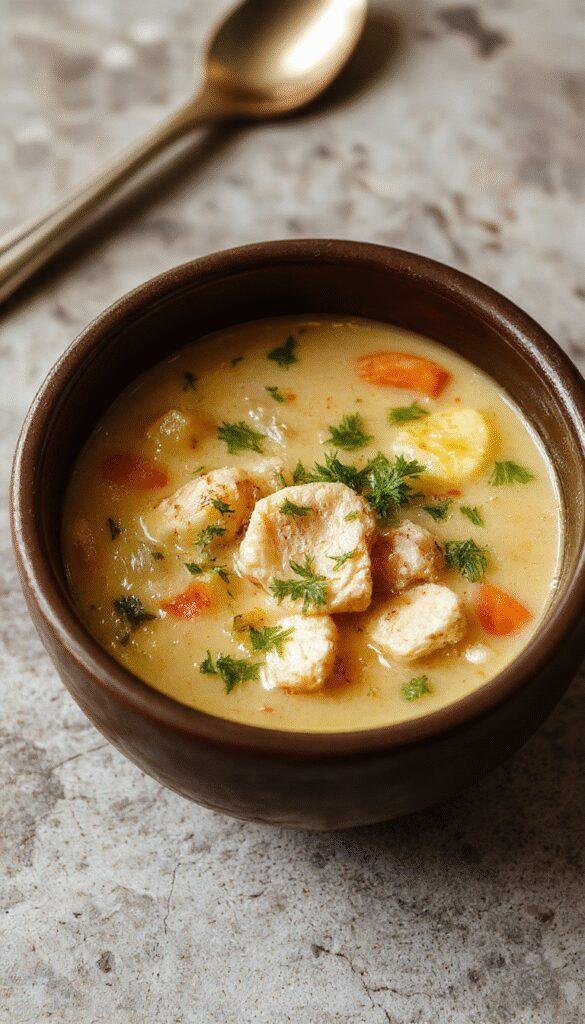 A hearty bowl of Slow Cooker Keto Chicken Soup with shredded chicken, vegetables, and herbs, garnished with fresh parsley.