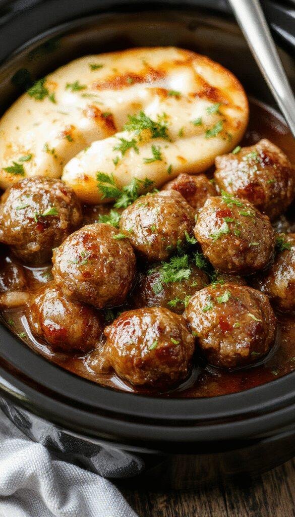 A plate of savory Salisbury Steak Meatballs served with mashed potatoes and steamed vegetables, garnished with fresh herbs.