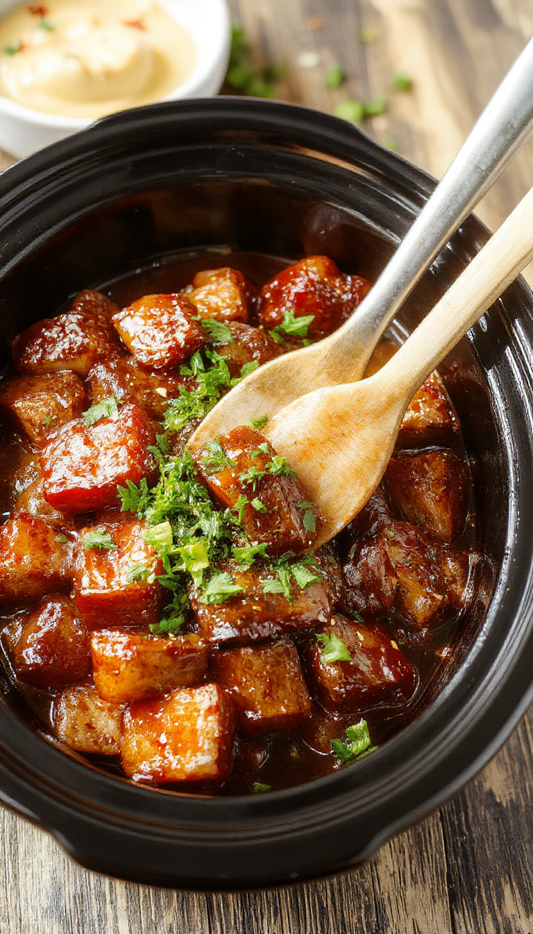 A slow cooker filled with sizzling teriyaki chicken and vegetables, garnished with sesame seeds and green onions, ready to serve.