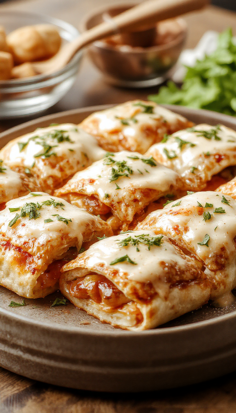 Close-up of Smart & Savory Lean Pizza Pockets filled with cheese and savory toppings, arranged on a wooden plate for meal prep.