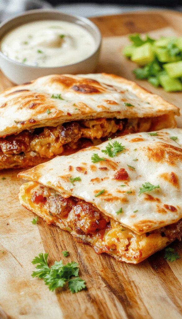 A crispy smash burger quesadilla filled with melted cheese, fresh vegetables, and juicy beef, served sliced on a plate.