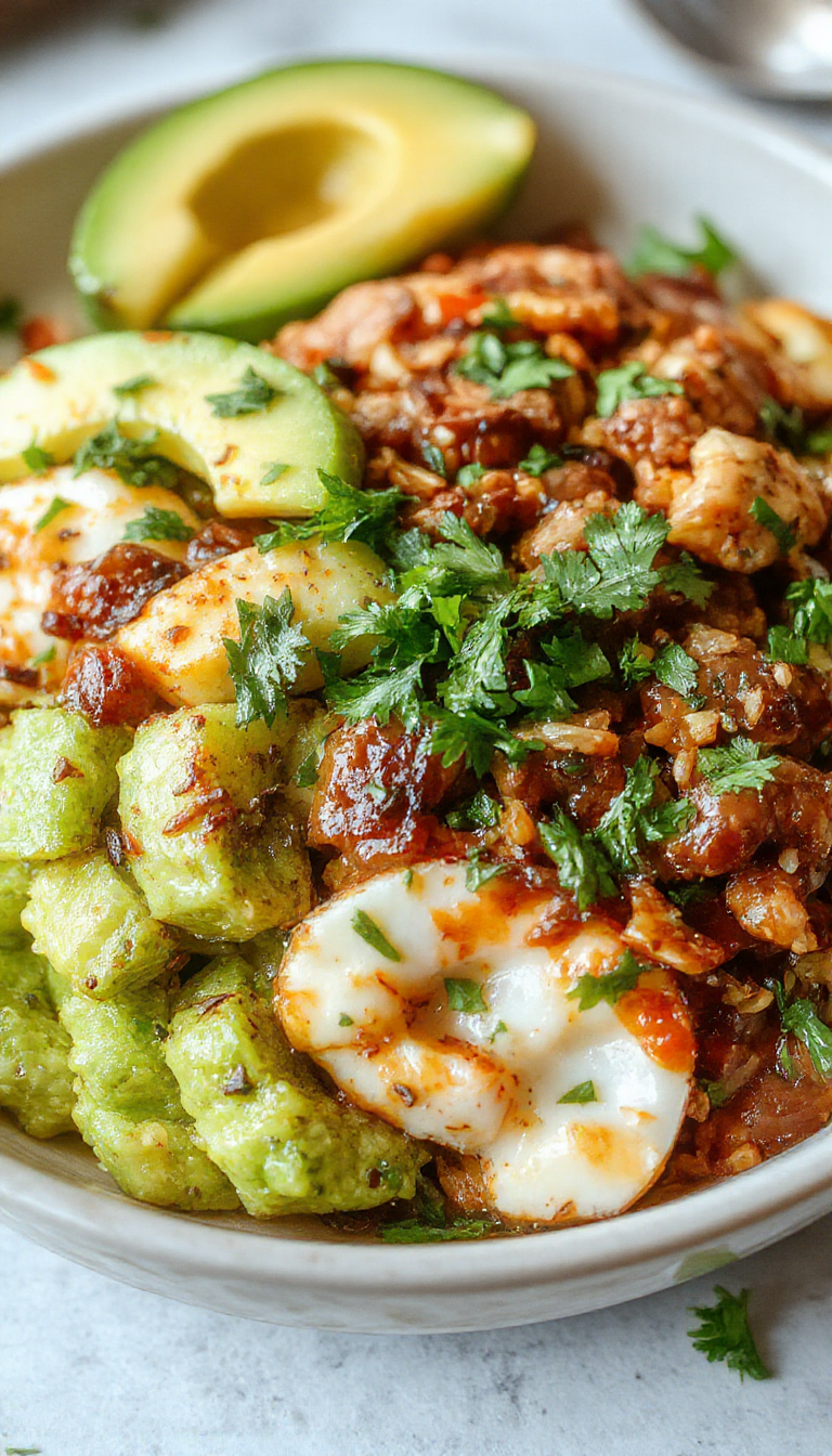 A vibrant bowl of taco rice featuring seasoned ground beef, rice, fresh lettuce, tomatoes, shredded cheese, and a dollop of sour cream, garnished with cilantro.
