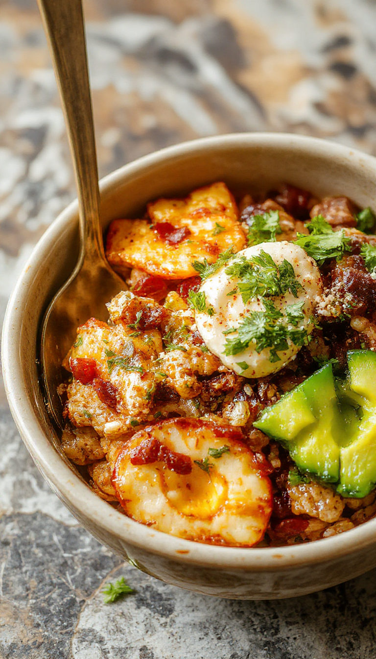 A vibrant bowl of Speedy Weeknight Taco Rice featuring seasoned ground beef, colorful vegetables, and topped with shredded cheese and fresh cilantro.