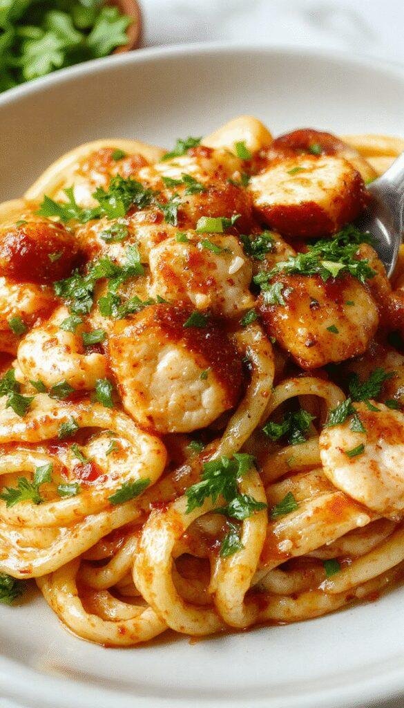 A bowl of Spicy Southern Chicken Spaghetti topped with fresh herbs, showcasing tender chicken, spicy sauce, and pasta in a rustic setting.