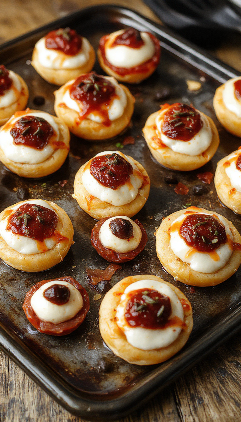 Spooky Salami & Mozzarella Eye Bites on a Halloween-themed platter with Halloween decorations in the background