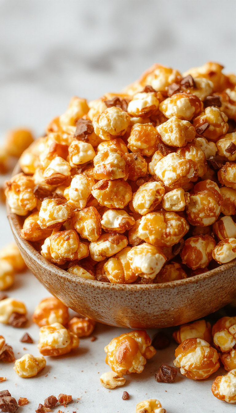 A bowl of Spooky Sweet Caramel Corn with colorful Halloween-themed decorations and spooky accents, perfect for a harvest-themed party.