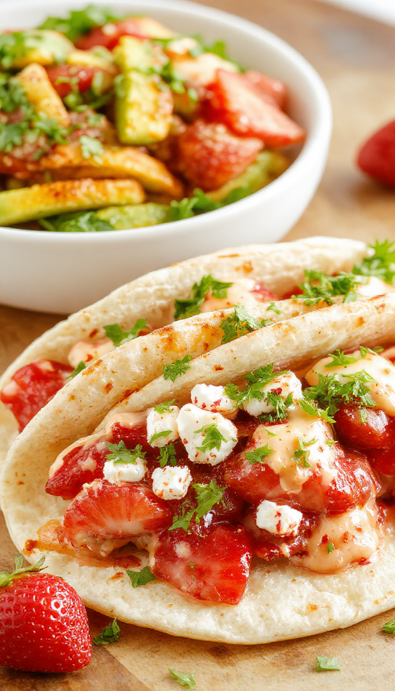 Delicious strawberry crunch cheesecake tacos filled with creamy cheese and topped with crunchy streusel, garnished with fresh strawberries.