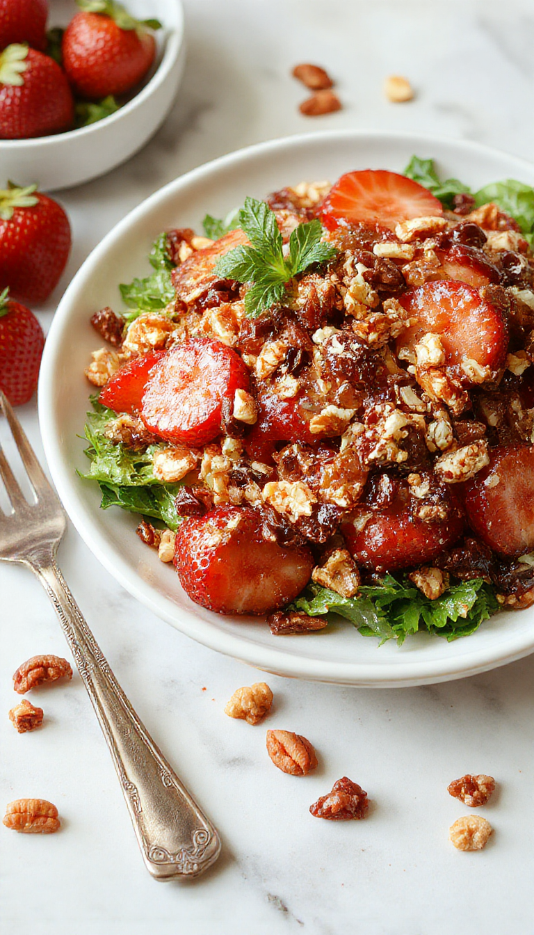 A vibrant salad plate featuring fresh strawberries, mixed greens, and candied nuts sprinkled on top.