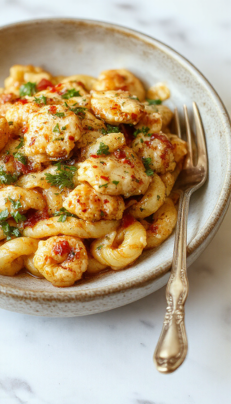 A plate of Sweet Heat Chicken Pasta featuring tender chicken, colorful pasta, and a glossy spicy-sweet sauce garnished with fresh herbs.