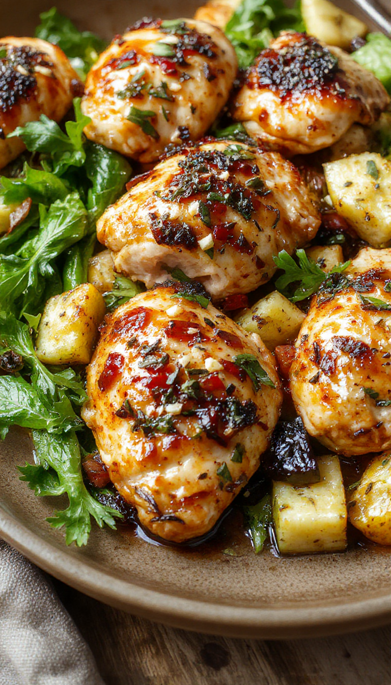 Colorful tropical sheet pan chicken with vibrant vegetables and sprigs of fresh herbs on a rustic wooden surface