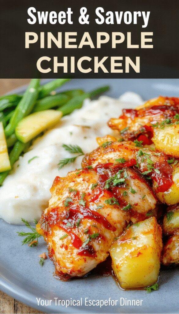 A colorful plate of sweet and savory pineapple chicken garnished with fresh herbs and surrounded by tropical fruits, perfect for a tropical dinner escape.