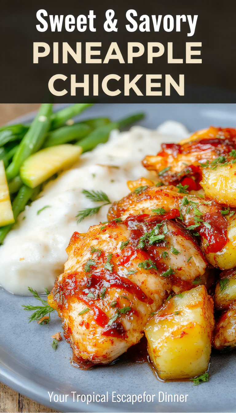 A colorful plate of sweet and savory pineapple chicken garnished with fresh herbs and surrounded by tropical fruits, perfect for a tropical dinner escape.