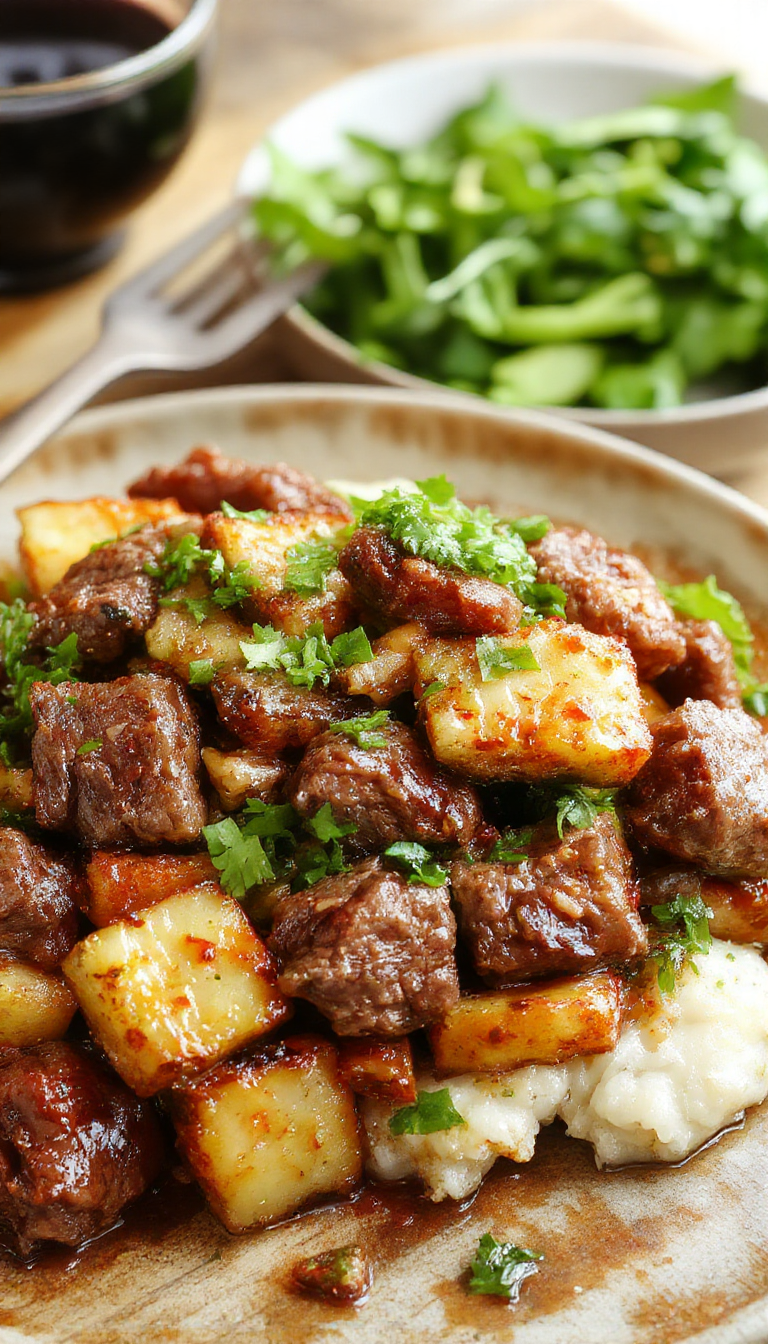 A vibrant beef and vegetable stir-fry in a wok, featuring tender beef strips, colorful bell peppers, broccoli, and carrots, garnished with sesame seeds.